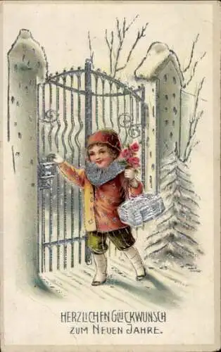 Präge Ak Glückwunsch Neujahr, Kind, Geschenk, Tor