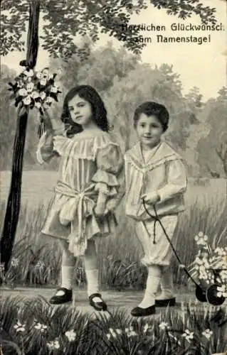 Ak Glückwunsch Namenstag, Kinder, Blumenstrauß, Spaziergang