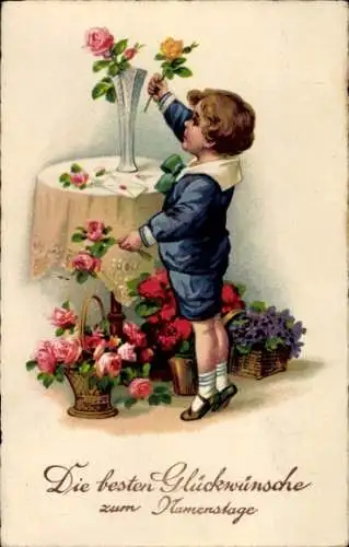 Ak Glückwunsch Namenstag, Junge, Blumenkörbe, Blumenvase