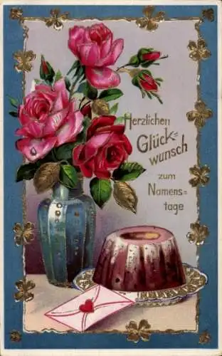 Ak Glückwunsch Namenstag, Rosen in der Blumenvase, Kuchen, Brief, Glücksklee