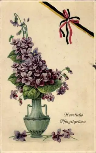Ak Glückwunsch Pfingsten, Veilchen in der Blumenvase, Patriotik