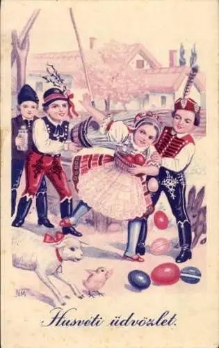 Künstler Ak Glückwunsch Ostern, Mädchen mit Wasser bespritzt, Ostereier