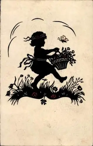 Scherenschnitt Ak Kind mit Blumenkorb, Blumenwiese, Schmetterling