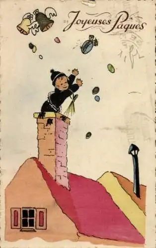 Ak Glückwunsch Ostern, Schornsteinfeger, Glocken