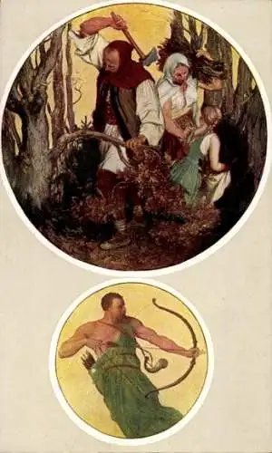 Künstler Ak Manes, J., Monate, November, Sternzeichen Schütze, Familie im Wald, Axt