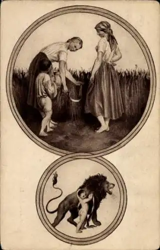 Künstler Ak Manes, J., Monate, Sternzeichen Löwe, Bauern, Sichel, Landwirtschaft