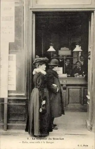 Ak Theaterszene Le Gagnant du Gros Lot, Ehepaar vor einem Bankgebäude