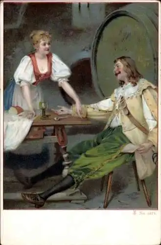 Litho Betrunkener Mann am Tisch, Kellnerin, Fass, Weinglas