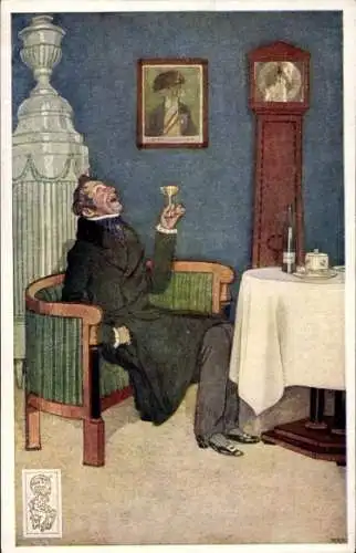 Künstler Ak Glückwunsch Neujahr, Mann trinkt Sekt, Sektflasche, Uhr