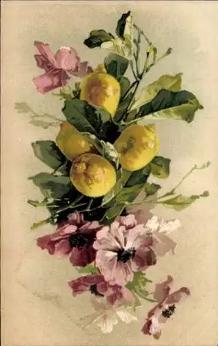 Künstler Ak Klein, C., Blumen, Zitronen