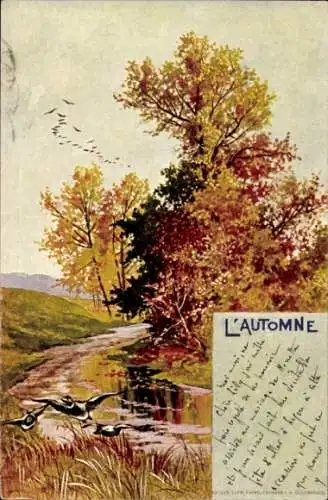 Litho Allegorie, Herbst, Flusspartie, Landschaft, Enten