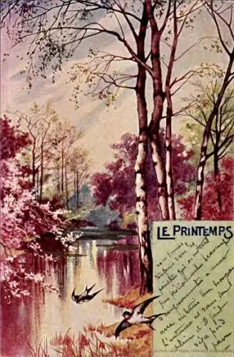 Litho Frühling, Allegorie, Jahreszeit, Schwalben, Wald, Fluss, Baumblüte