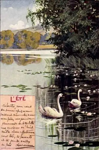 Litho Sommer, Allegorie, Jahreszeit, Schwäne auf dem Wasser, Teichrosen