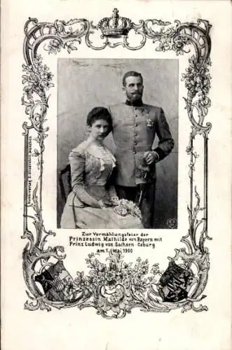 Passepartout Wappen Ak Vermählung Prinzessin Mathilde von Bayern, Ludwig von Sachsen Coburg