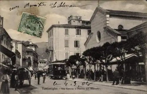 Ak Ventimiglia Liguria, Via Cavour e Piazza del Mercato
