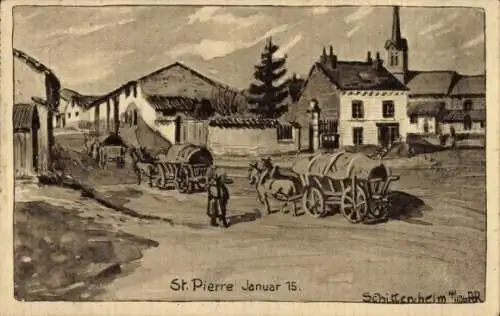 Künstler Ak Schittenhelm, St. Pierre Frankreich, Ortspartie, deutsche Armeefuhrwerke, Januar 1915