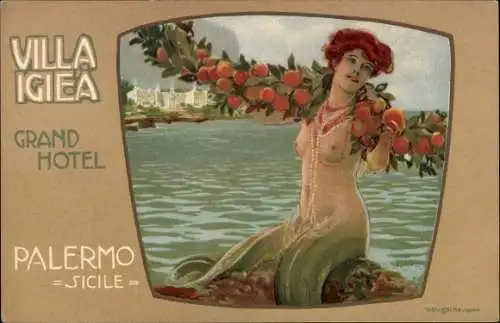 Jugendstil Präge Litho Palermo Sicilia, Villa Igiea, Grand Hotel, barbusige Nixe mit Orangen