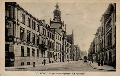 Ak Schwerin in Mecklenburg, Kaiser Wilhelm Straße, Postamt, Straßenbahn