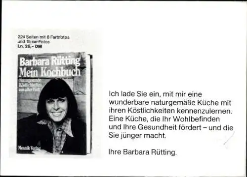 Ak Schauspielerin Barbara Rütting, Portrait, Autogramm, Mein Kochbuch