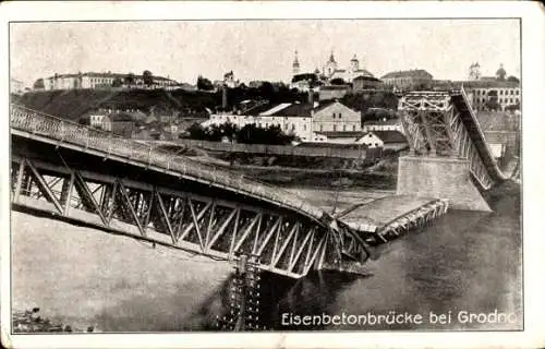 Ak Grodno Weißrussland, Zerstörte Eisenbetonbrücke
