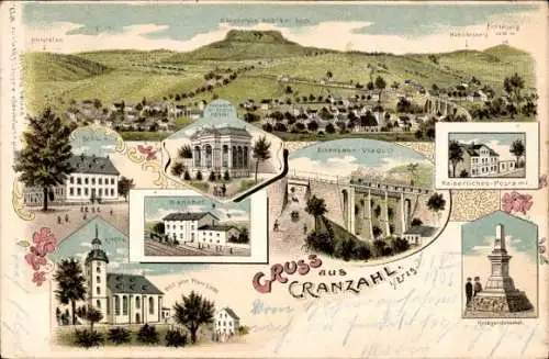 Litho Cranzahl Sehmatal im Erzgebirge, Bahnhof, Schule, Viadukt, Kriegerdenkmal, Post