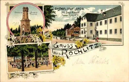 Litho Rochlitz an der Mulde, Gasthof zur Stadt Leipzig v. Ernst Hähnel, Friedrich August Turm