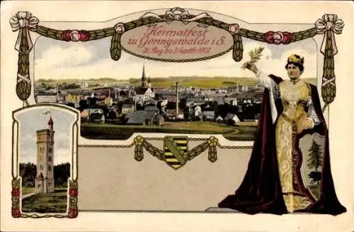 Ak Geringswalde Sachsen, Heimatfest 1907, Gesamtansicht, Turm, Wappen