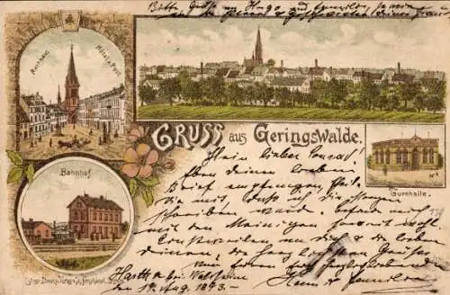 Litho Geringswalde Sachsen, Bahnhof, Turnhalle, Rathaus, Hotel Post