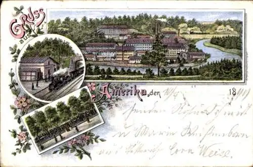 Litho Amerika Penig in Sachsen, Bahnhof, Gleisseite, Dampflok, Panorama