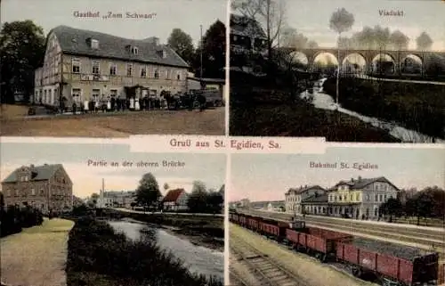 Ak Sankt Egidien in Sachsen, Gasthof Zum Schwan, Viadukt, Obere Brücke, Bahnhof