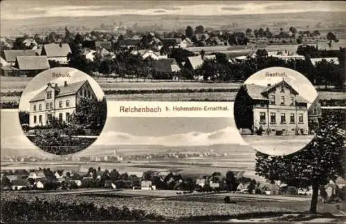 Ak Reichenbach Callenberg in Sachsen, Panorama, Schule, Gasthof