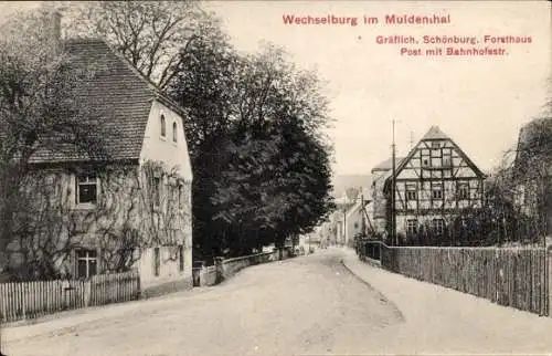 Ak Wechselburg in Sachsen, Schönburg, Forsthaus, Post, Bahnhofstraße