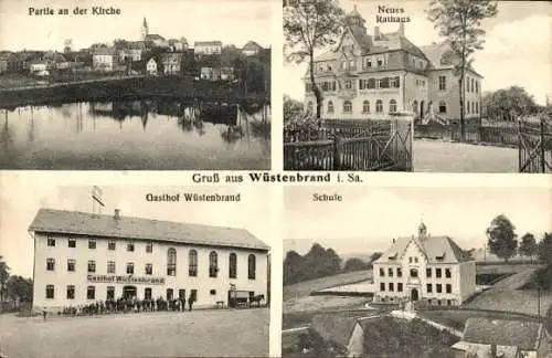 Ak Wüstenbrand Hohenstein Ernstthal Sachsen, Kirche, Neues Rathaus, Gasthof Wüstenbrand, Schule