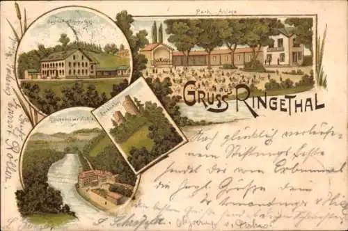 Litho Ringethal Mittweida, Gasthof, Lauenheiner Mühle, Raubschloss, Parkanlagen