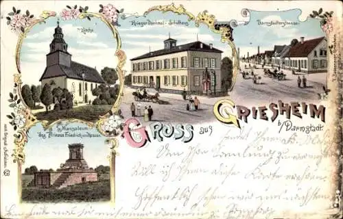 Litho Griesheim bei Darmstadt, Kirche, Kriegerdenkmal, Darmstädter Straße, Mausoleum