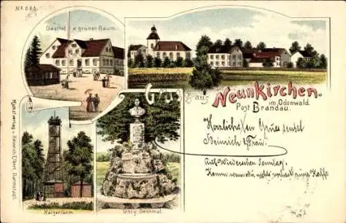 Litho Neunkirchen im Odenwald Modautal, Ohly Denkmal, Gasthof zum grünen Baum, Kaiserturm