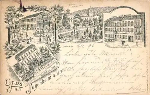 Litho Jugenheim an der Bergstraße Hessen, Hotel zur Krone, Schloss, Gasthof zur Post