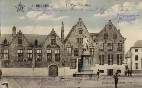 Ak Bruges Brügge Flandern Westflandern, Memling Platz, Giebelhäuser, Denkmal