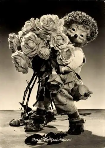 Ak Mecki der Igel, Herzliche Gratulation, Blumenstrauß, Rosen