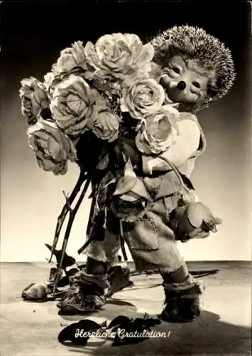 Ak Mecki der Igel, Herzliche Gratulation, Blumenstrauß, Rosen