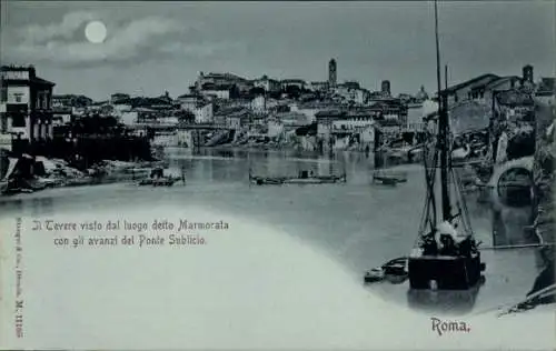 Mondschein Ak Rom Rom Latium, Hafen, Boote, Häuser