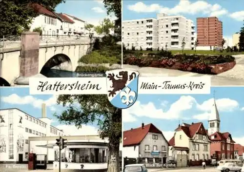 Ak Hattersheim am Main, Fa. Sarotti, Brücke, Blick zur Kirche, Neubaugebiet