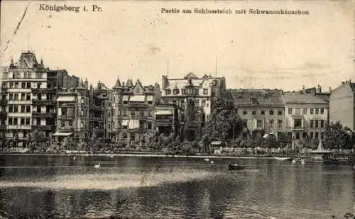 Ak Kaliningrad Königsberg Ostpreußen, Partie am Schlossteich mit Schwanenhäuschen