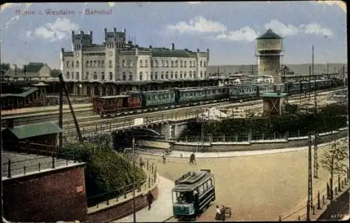 Ak Hamm in Westfalen, Bahnhof, Zug, Waggons, Wasserturm