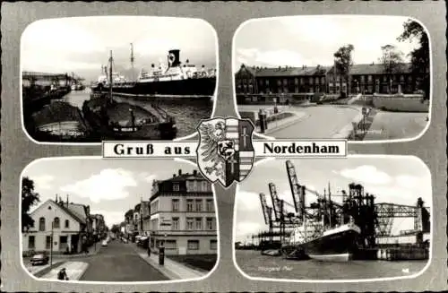 Ak Nordenham im Oldenburger Land, Bahnhof, Bahnhofstraße, Hafen, Midgard Pier