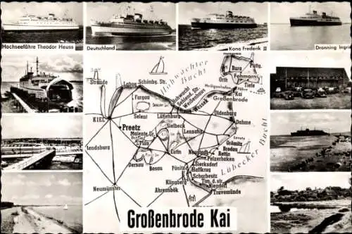 Ak Großenbrode Holstein, Kai, Landkarte, Fährschiffe Dronning Ingrid, Deutschland, Kong Frederick II