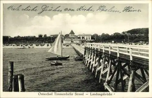 Ak Ostseebad Timmendorfer Strand in Holstein, Landungsbrücke, Segelboot