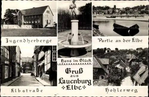 Ak Lauenburg an der Elbe, Hans im Glück Brunnen, Hohlerweg, Elbstraße, Jugendherberge
