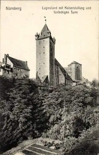 Ak Nürnberg in Mittelfranken, Luginsland, Kaiserstallung, fünfeckiger Turm