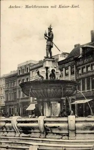 Ak Aachen, Marktbrunnen, Kaiser Karl, Schuhwarenhaus